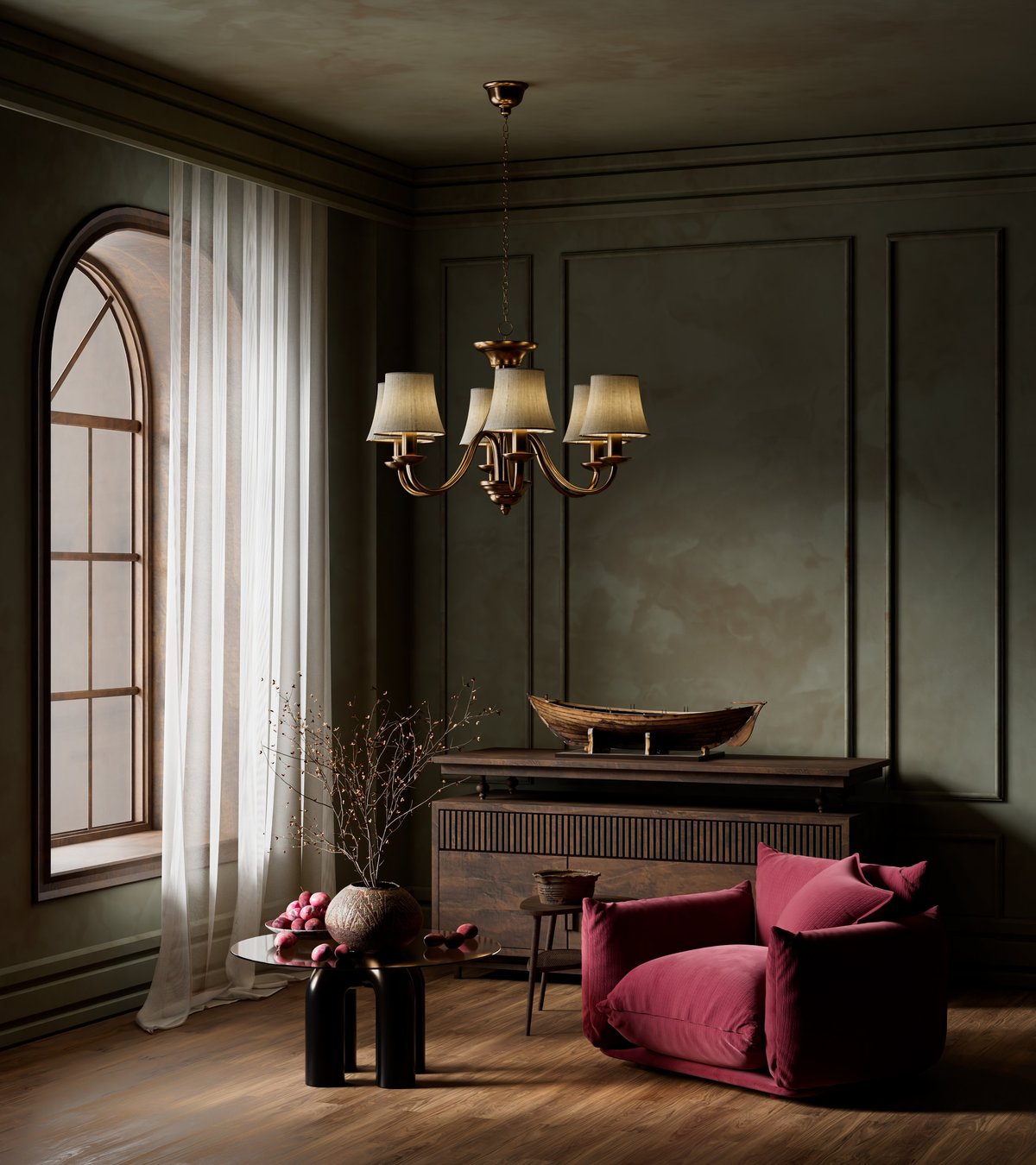 Cinematic luxury living room with classic wall panelling and warm chandelier light