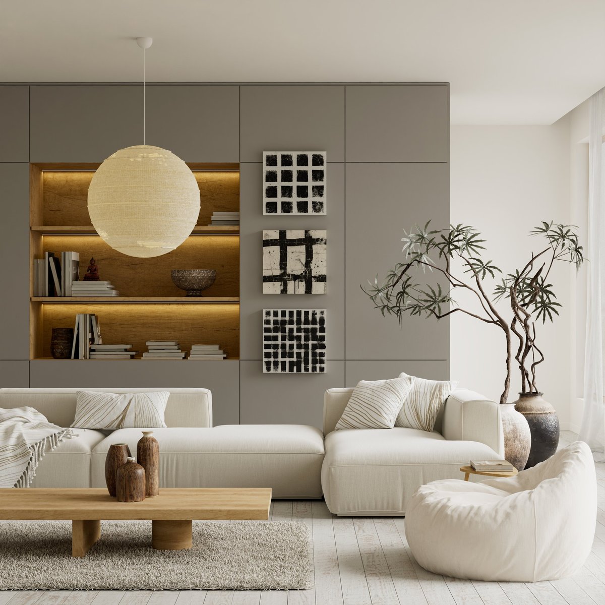 Contemporary minimalist living room with refined furniture and soft daylight